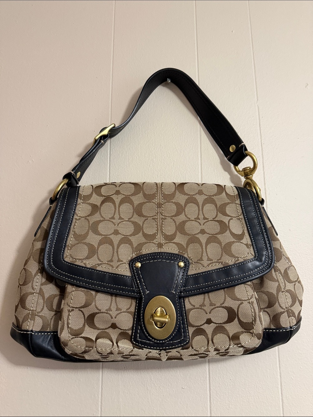 Coach Tan Signature Canvas Shoulder Bag with Black Leather Trim